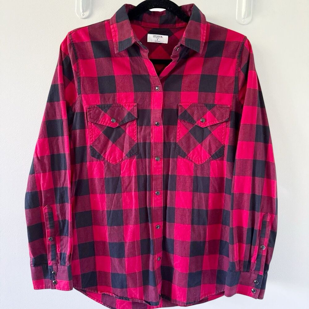 UNTUCKit For Her Dylan Buffalo Check Red Black Plaid Snap Long Sleeve Shirt 6 S